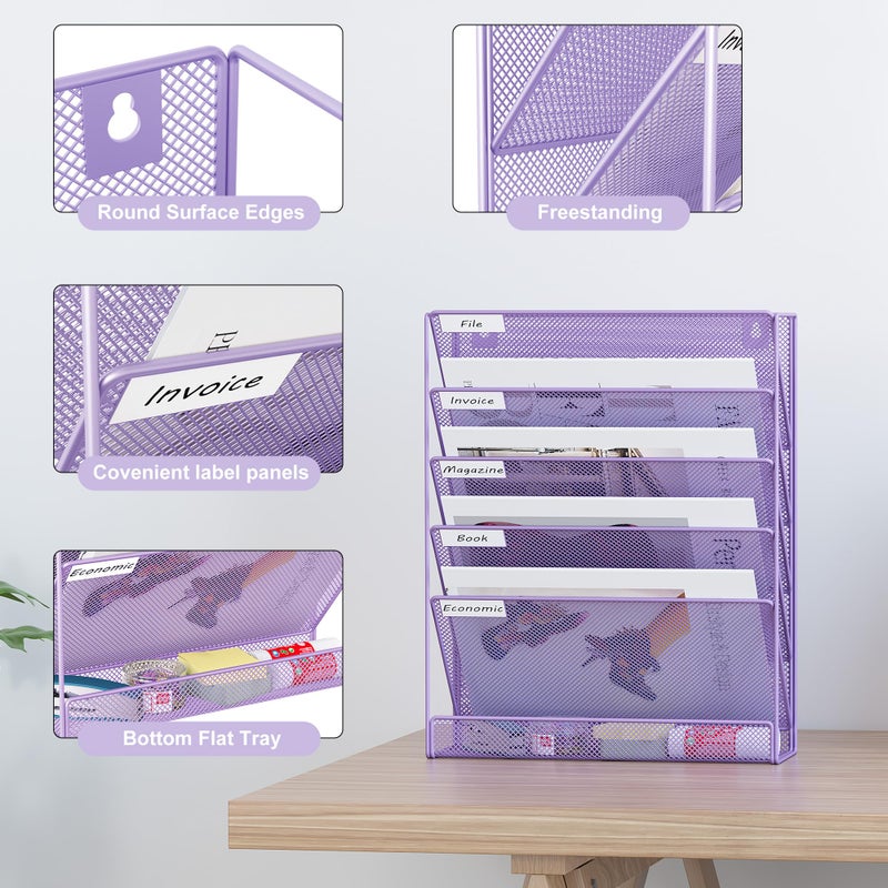 EasyPAG 5 Tier Wall File Holder, Mesh Hanging Folder Organizer with Classify Label, Versatile Desk File Holder, Vertical Wall Mounted Mail Organizer for Office Home Cubicle, Purple - Image 3
